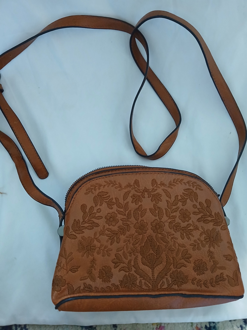 Sam & Hadley Brown Embossed Floral Cross Body Bag with Zipper and Pockets, Small